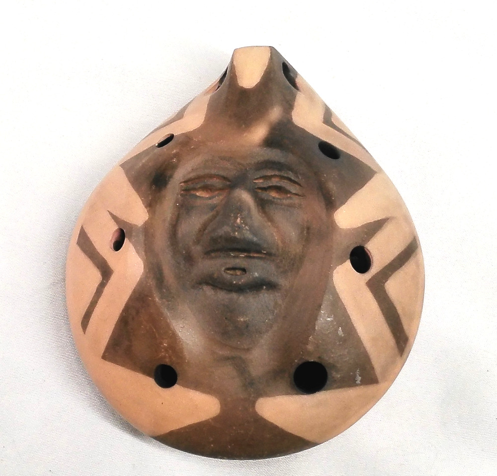 Handmade Chilean Ocarina Flute Face Pottery Signed Guerrero Chile